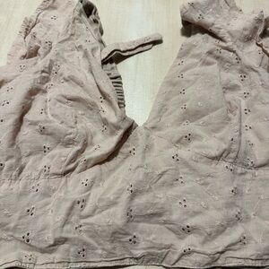 Japna eyelet crop top women XL tan feminine flutter tie back girly cotton dainty